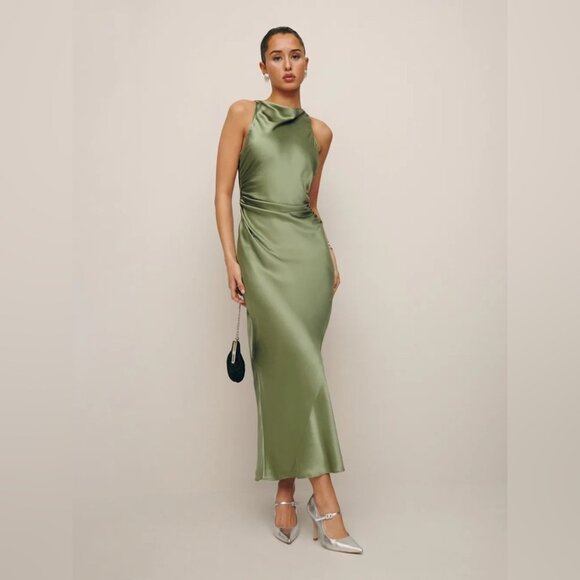 NEW NWT Reformation Casette Silk Maxi Dress Artichoke Sage Green Open Back - Picture 3 of 11